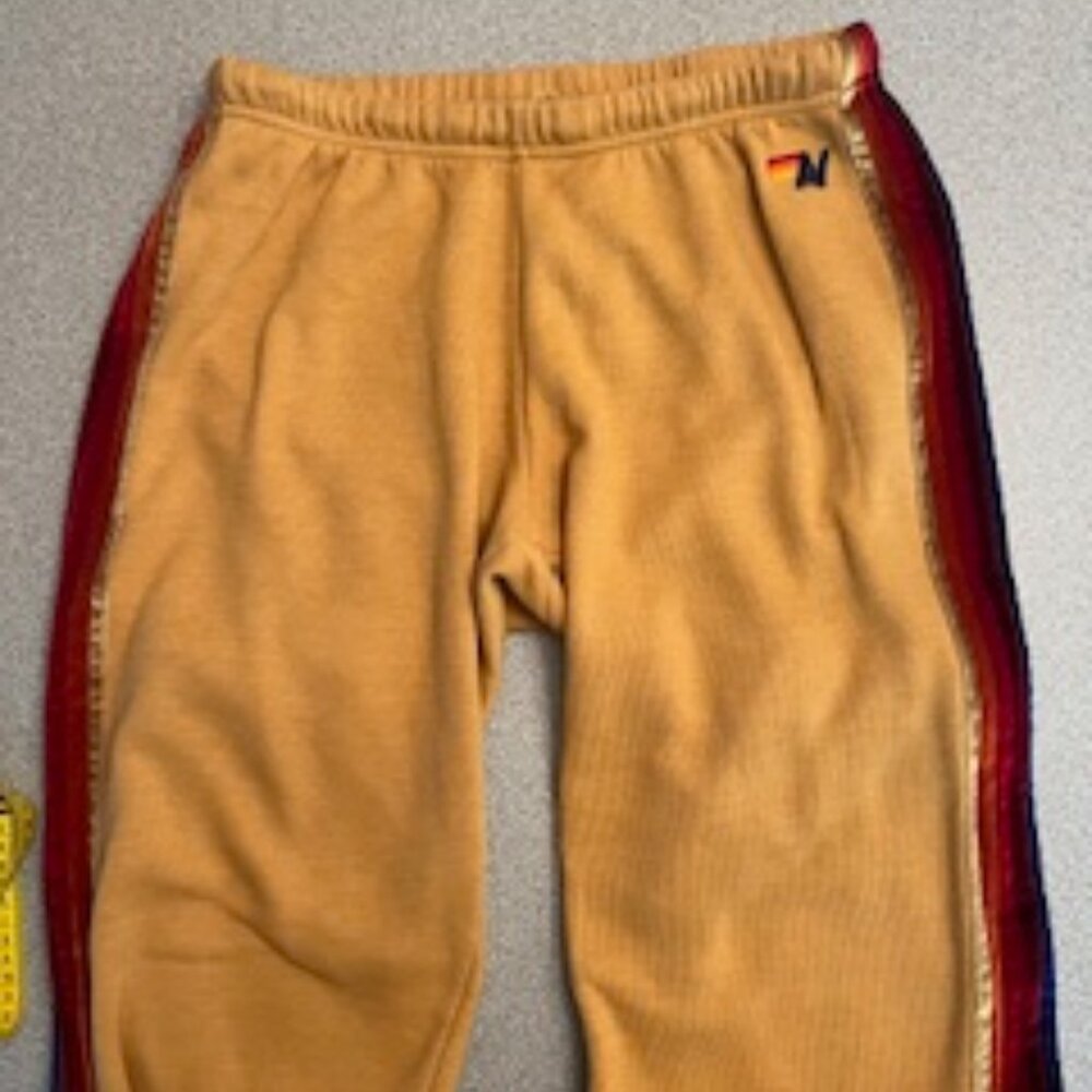 AVIATOR NATION 5 Stripe Sweatpants Joggers L Gold Khaki Velvet Retro Athleisure - Picture 8 of 8